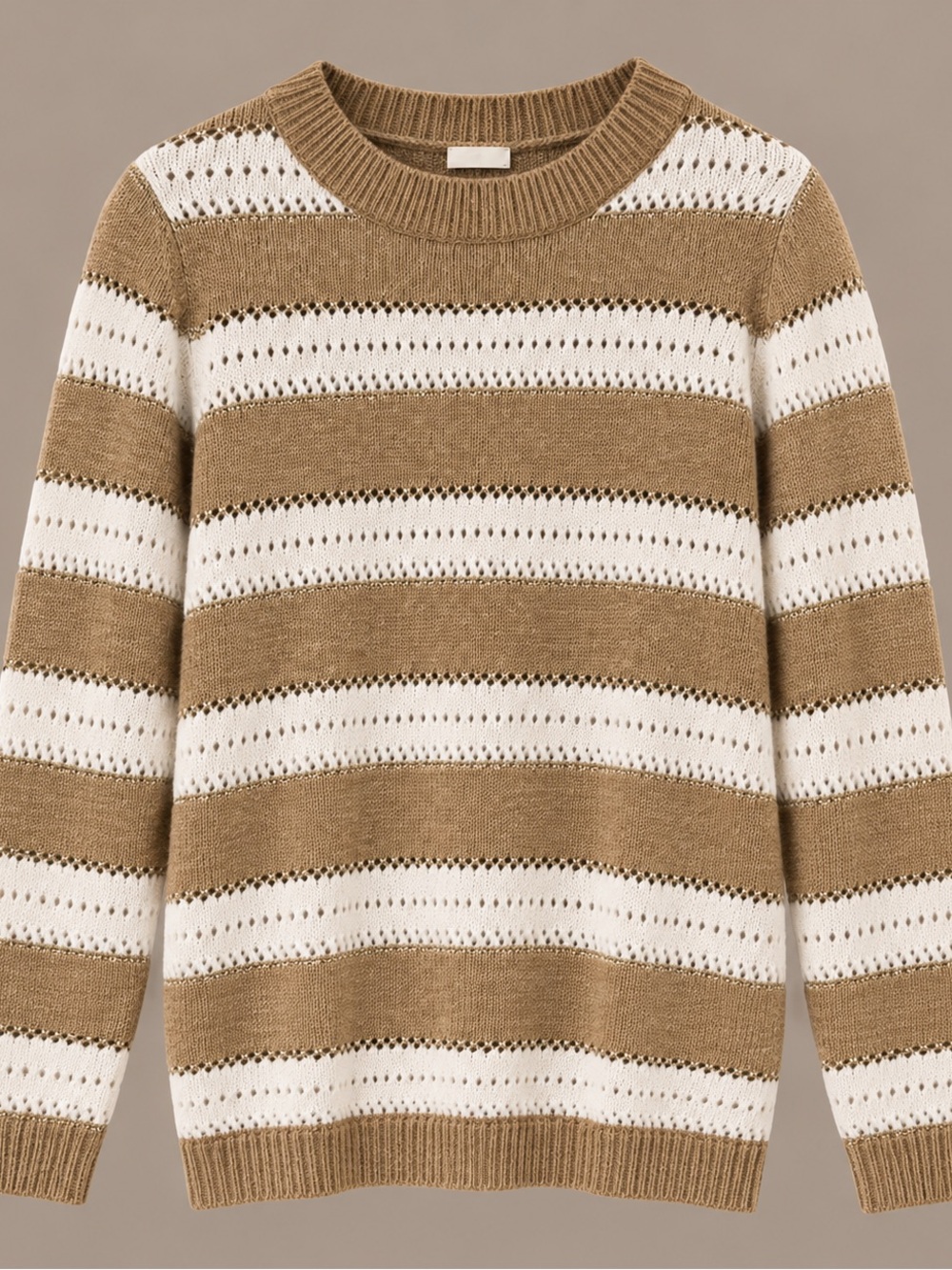 VENUS Striped Crewneck Sweater in Camel and White